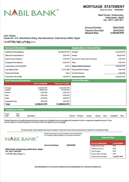 Nepal Nabil Bank mortgage statement Word and PDF template Nepal Nabil Bank mortgage statement Word and PDF template
