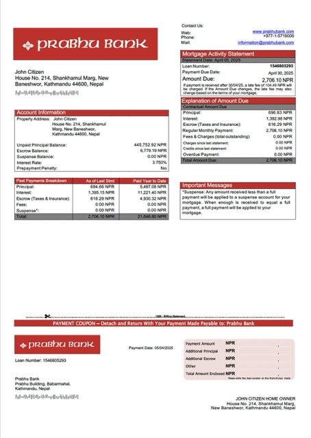 Nepal Prabhu Bank mortgage statement Word and PDF template Nepal Prabhu Bank mortgage statement Word and PDF template