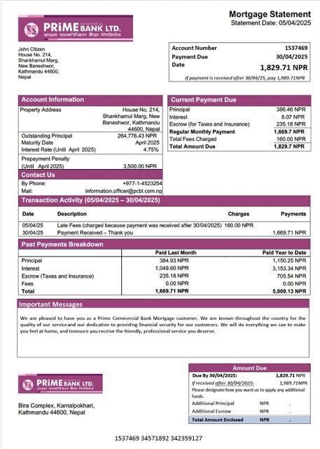 Nepal Prime Commercial Bank mortgage statement Word and PDF template Nepal Prime Commercial Bank mortgage statement Word and PDF template