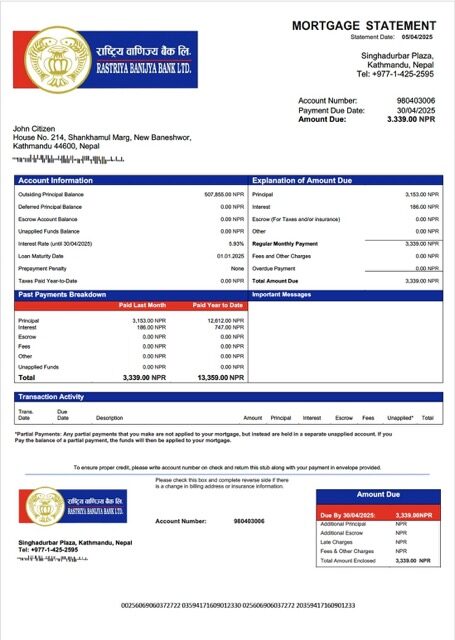 Nepal Rastriya Banijya Bank mortgage statement Word and PDF template Nepal Rastriya Banijya Bank mortgage statement Word and PDF template
