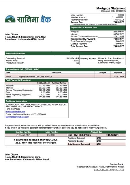 Nepal Sanima Bank mortgage statement Word and PDF template Nepal Sanima Bank mortgage statement Word and PDF template