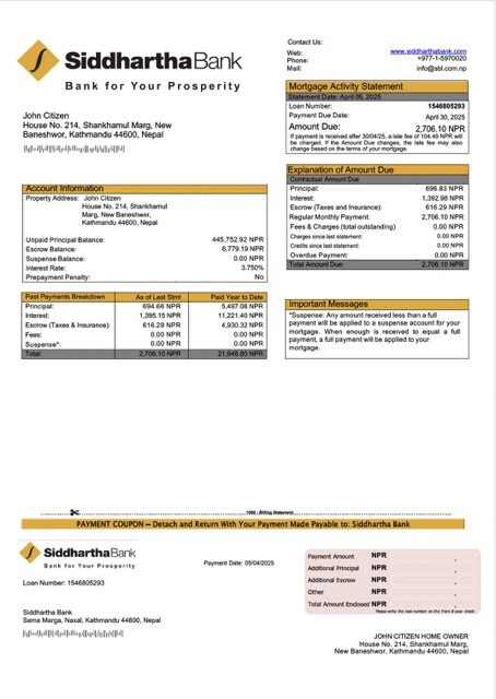 Nepal Siddhartha Bank mortgage statement Word and PDF template Nepal Siddhartha Bank mortgage statement Word and PDF template
