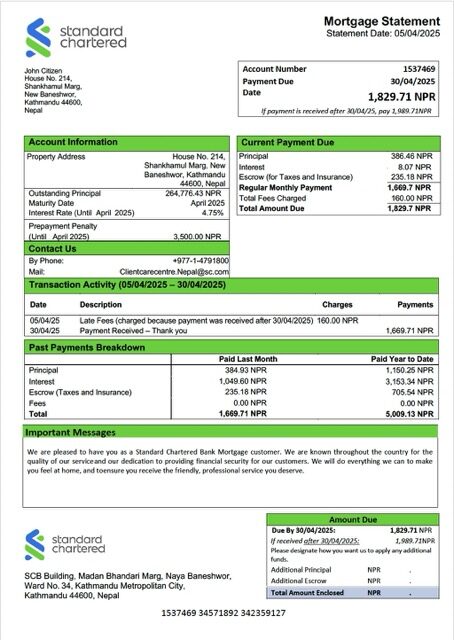 Nepal Standard Chartered Bank mortgage statement Word and PDF template Nepal Standard Chartered Bank mortgage statement Word and PDF template