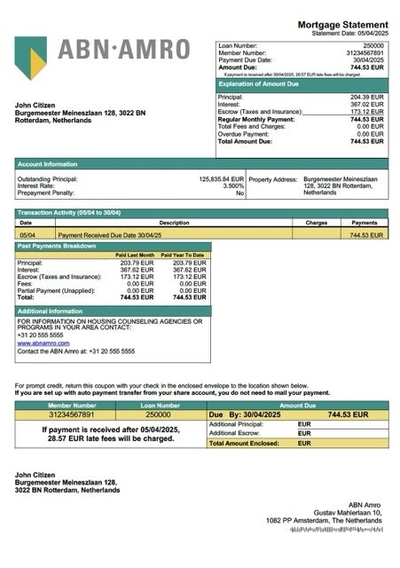 Netherlands ABN Amro mortgage statement Word and PDF template Netherlands ABN Amro mortgage statement Word and PDF template