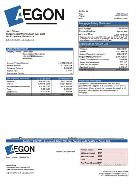 Netherlands Aegon Bank mortgage statement Word and PDF template Netherlands Aegon Bank mortgage statement Word and PDF template