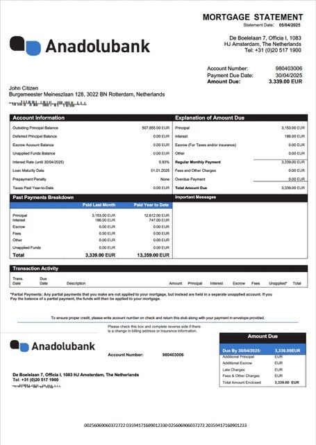 Netherlands Anadolubank Nederland mortgage statement Word and PDF template Netherlands Anadolubank Nederland mortgage statement Word and PDF template