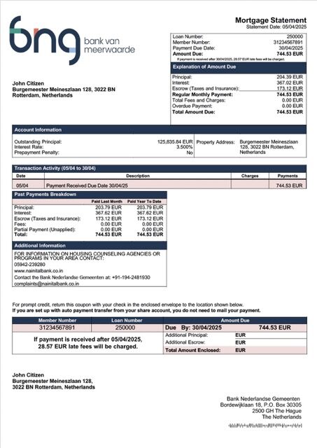 Netherlands Bank Nederlandse Gemeenten mortgage statement Word and PDF template Netherlands Bank Nederlandse Gemeenten mortgage statement Word and PDF template