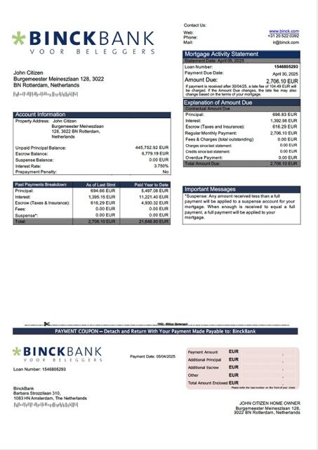 Netherlands BinckBank mortgage statement Word and PDF template Netherlands BinckBank mortgage statement Word and PDF template