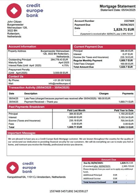 Netherlands Credit Europe Bank mortgage statement Word and PDF template Netherlands Credit Europe Bank mortgage statement Word and PDF template
