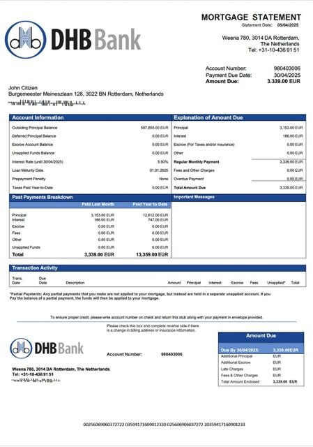 Netherlands DHB Bank mortgage statement Word and PDF template Netherlands DHB Bank mortgage statement Word and PDF template