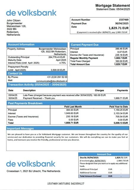 Netherlands De Volksbank mortgage statement Word and PDF template Netherlands De Volksbank mortgage statement Word and PDF template