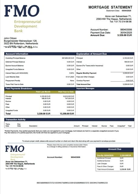 Netherlands FMO Bank mortgage statement Word and PDF template Netherlands FMO Bank mortgage statement Word and PDF template