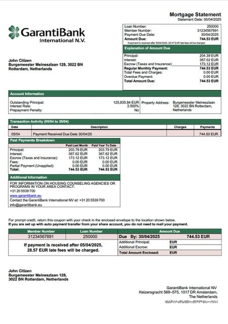 Netherlands GarantiBank International NV mortgage statement Word and PDF template Netherlands GarantiBank International NV mortgage statement Word and PDF template