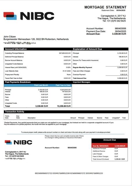 Netherlands NIBC Bank mortgage statement Word and PDF template Netherlands NIBC Bank mortgage statement Word and PDF template