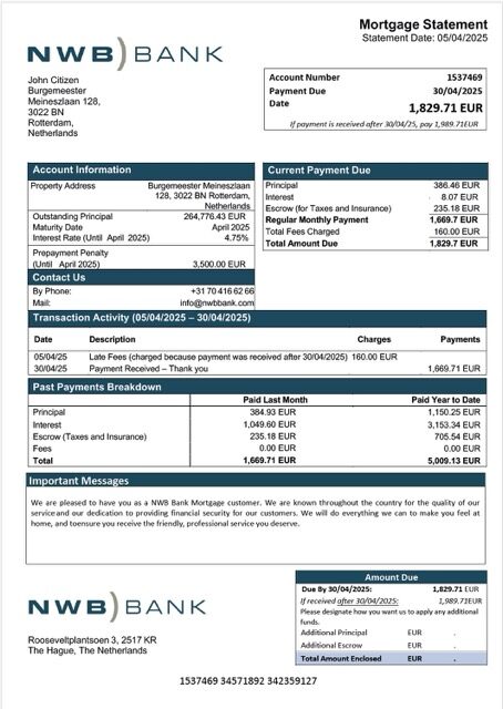Netherlands NWB Bank mortgage statement Word and PDF template Netherlands NWB Bank mortgage statement Word and PDF template