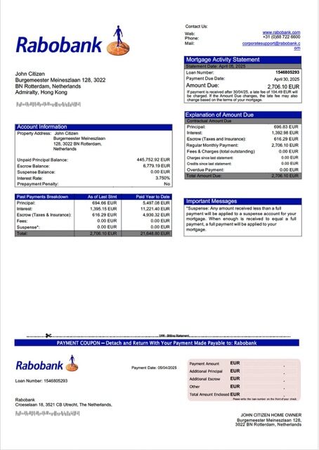 Netherlands Rabobank mortgage statement Word and PDF template Netherlands Rabobank mortgage statement Word and PDF template