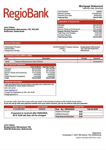 Netherlands Regiobank mortgage statement Word and PDF template Netherlands Regiobank mortgage statement Word and PDF template