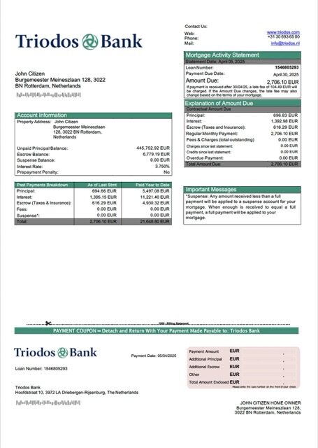 Netherlands Triodos Bank mortgage statement Word and PDF template Netherlands Triodos Bank mortgage statement Word and PDF template