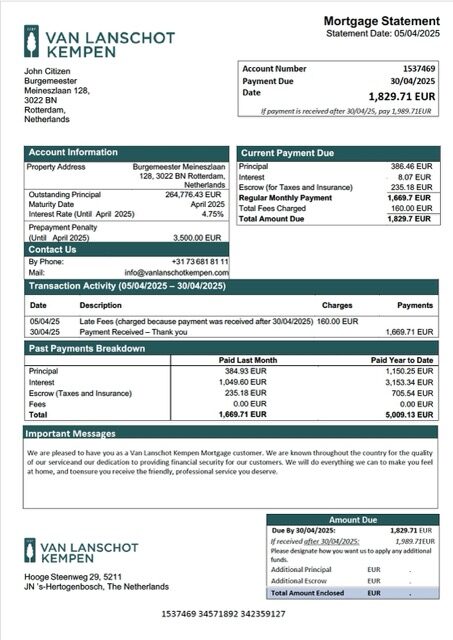 Netherlands Van Lanschot Kempen mortgage statement Word and PDF template Netherlands Van Lanschot Kempen mortgage statement Word and PDF template