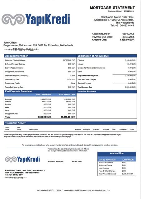 Netherlands Yapi Kredi Bank Nederland mortgage statement Word and PDF template Netherlands Yapi Kredi Bank Nederland mortgage statement Word and PDF template