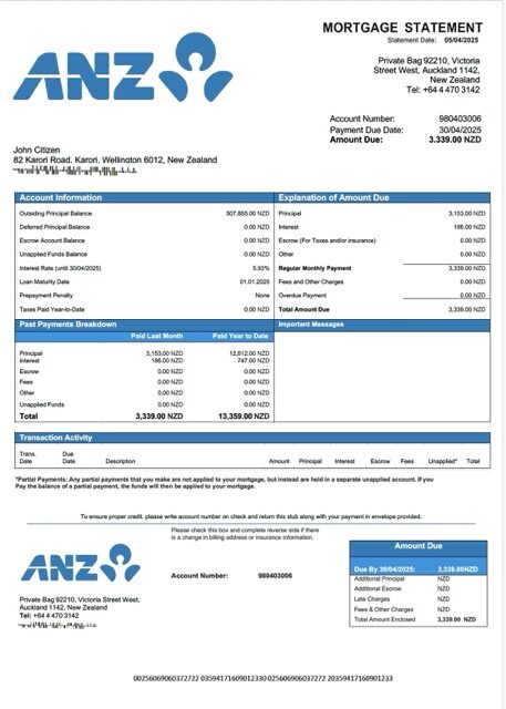 New Zealand ANZ Bank mortgage statement Word and PDF template New Zealand ANZ Bank mortgage statement Word and PDF template