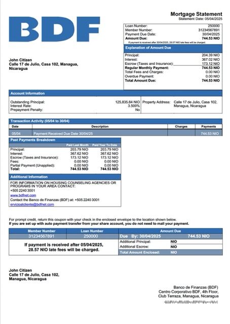 Nicaragua Banco de Finanzas (BDF) mortgage statement Word and PDF template