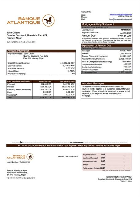 Niger Banque Atlantique Niger mortgage statement Word and PDF template