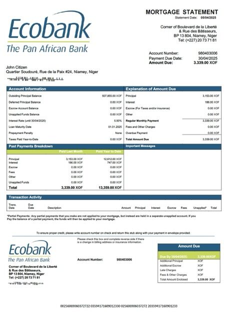 Niger Ecobank mortgage statement Word and PDF template Niger Ecobank mortgage statement Word and PDF template