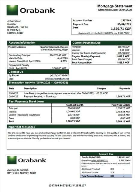 Niger Orabank mortgage statement Word and PDF template Niger Orabank mortgage statement Word and PDF template