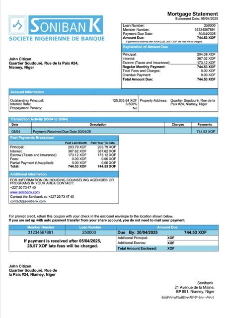 Niger Sonibank mortgage statement Word and PDF template Niger Sonibank mortgage statement Word and PDF template