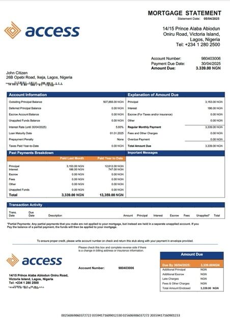 Nigeria Access Bank mortgage statement Word and PDF template Nigeria Access Bank mortgage statement Word and PDF template