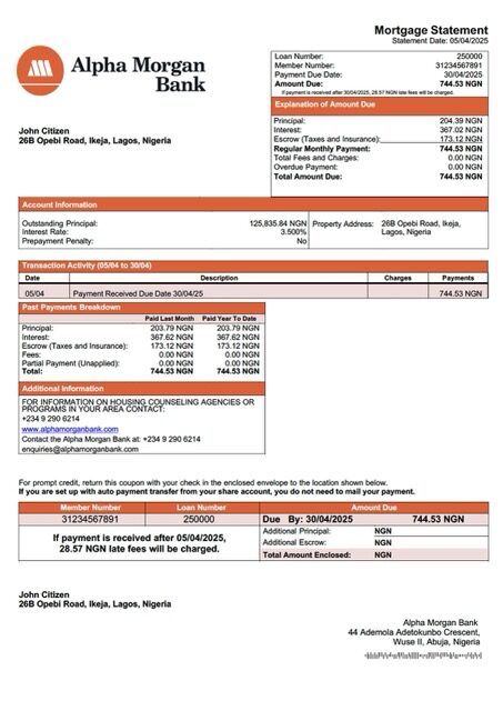 Nigeria Alpha Morgan Bank mortgage statement Word and PDF template Nigeria Alpha Morgan Bank mortgage statement Word and PDF template