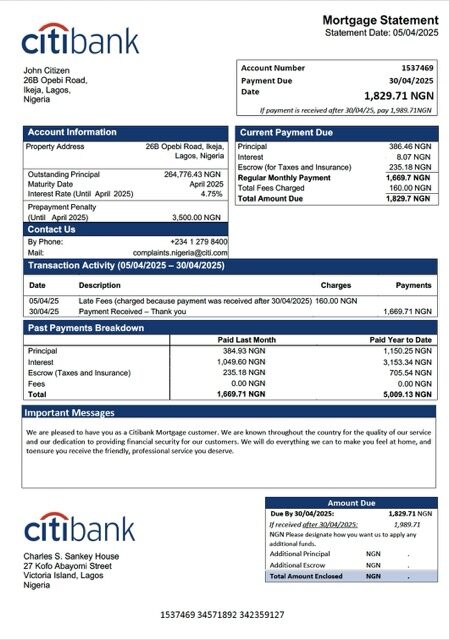 Nigeria Citibank mortgage statement Word and PDF template Nigeria Citibank mortgage statement Word and PDF template