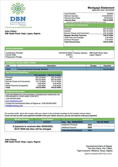 Nigeria Development Bank of Nigeria mortgage statement Word and PDF template Nigeria Development Bank of Nigeria mortgage statement Word and PDF template
