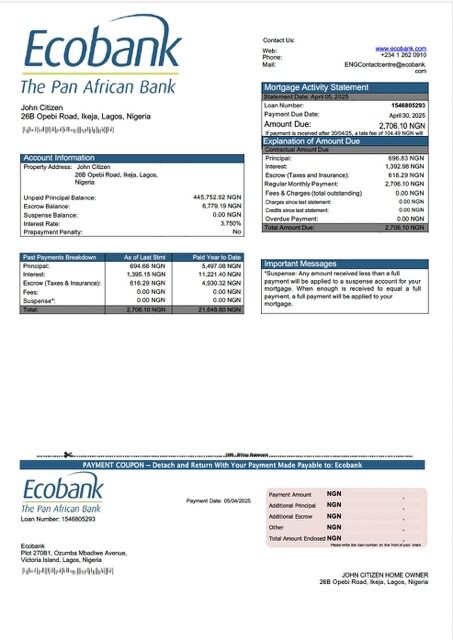 Nigeria Ecobank mortgage statement Word and PDF template Nigeria Ecobank mortgage statement Word and PDF template