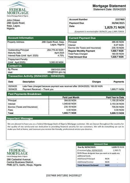 Nigeria Federal Mortgage Bank of Nigeria mortgage statement Word and PDF template Nigeria Federal Mortgage Bank of Nigeria mortgage statement Word and PDF template