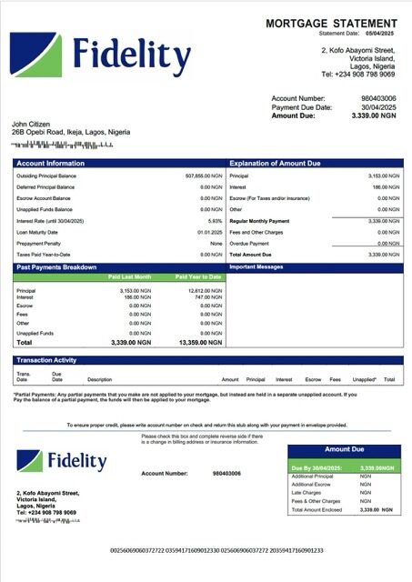Nigeria Fidelity Bank mortgage statement Word and PDF template Nigeria Fidelity Bank mortgage statement Word and PDF template