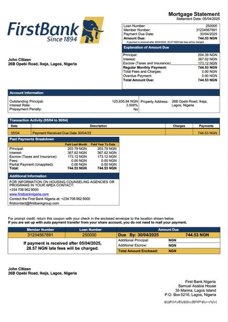 Nigeria First Bank Nigeria mortgage statement Word and PDF template Nigeria First Bank Nigeria mortgage statement Word and PDF template