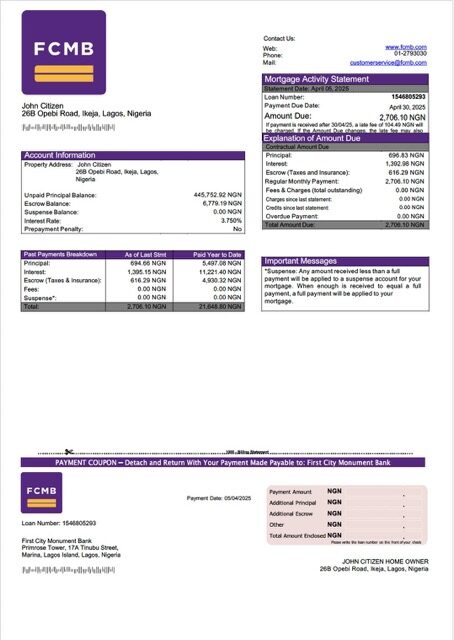 Nigeria First City Monument Bank mortgage statement Word and PDF template Nigeria First City Monument Bank mortgage statement Word and PDF template