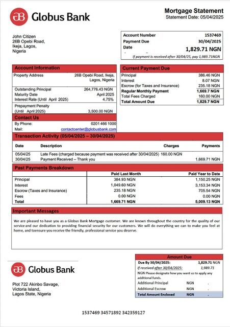 Nigeria Globus Bank mortgage statement Word and PDF template Nigeria Globus Bank mortgage statement Word and PDF template