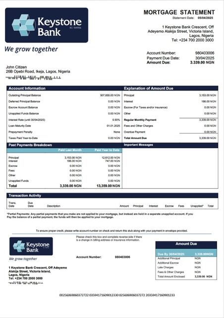 Nigeria Keystone Bank mortgage statement Word and PDF template Nigeria Keystone Bank mortgage statement Word and PDF template