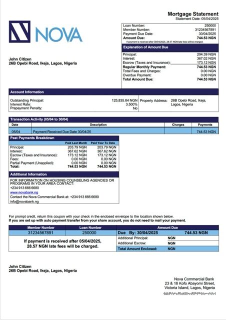 Nigeria Nova Commercial Bank mortgage statement Word and PDF template Nigeria Nova Commercial Bank mortgage statement Word and PDF template