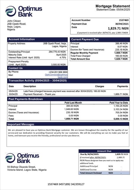 Nigeria Optimus Bank mortgage statement Word and PDF template Nigeria Optimus Bank mortgage statement Word and PDF template