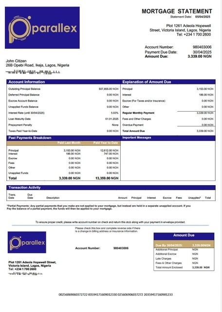 Nigeria Parallex Bank mortgage statement Word and PDF template Nigeria Parallex Bank mortgage statement Word and PDF template