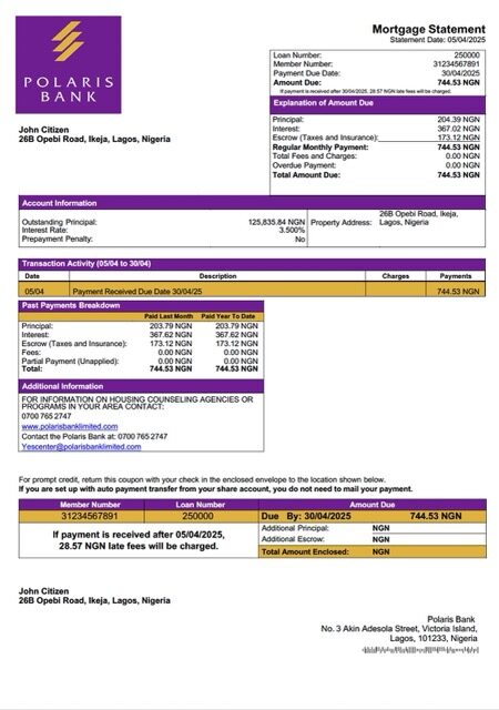 Nigeria Polaris Bank mortgage statement Word and PDF template Nigeria Polaris Bank mortgage statement Word and PDF template
