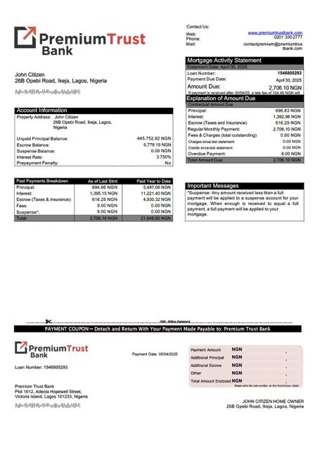 Nigeria Premium Trust Bank mortgage statement Word and PDF template Nigeria Premium Trust Bank mortgage statement Word and PDF template