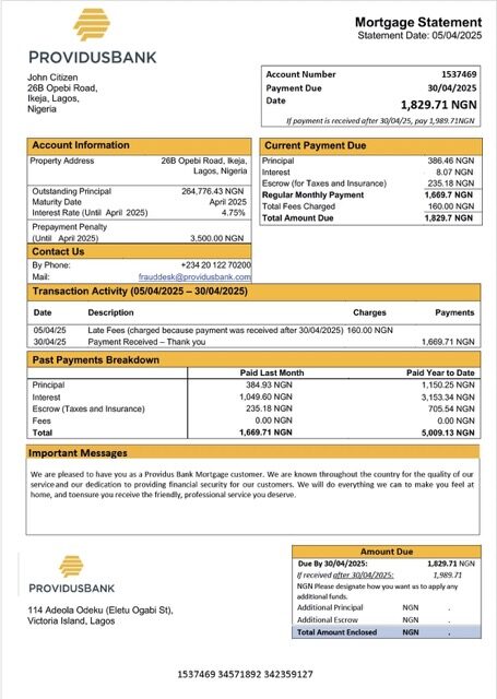 Nigeria Providus Bank mortgage statement Word and PDF template Nigeria Providus Bank mortgage statement Word and PDF template
