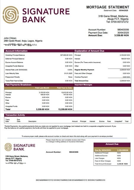 Nigeria Signature Bank mortgage statement Word and PDF template Nigeria Signature Bank mortgage statement Word and PDF template