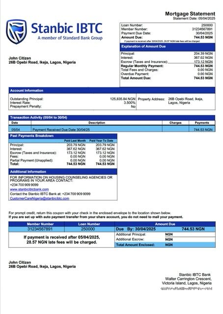 Nigeria Stanbic IBTC Bank mortgage statement Word and PDF template Nigeria Stanbic IBTC Bank mortgage statement Word and PDF template