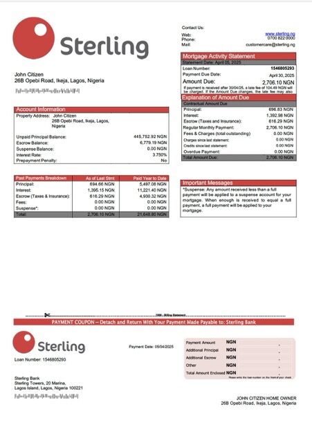Nigeria Sterling Bank mortgage statement Word and PDF template Nigeria Sterling Bank mortgage statement Word and PDF template